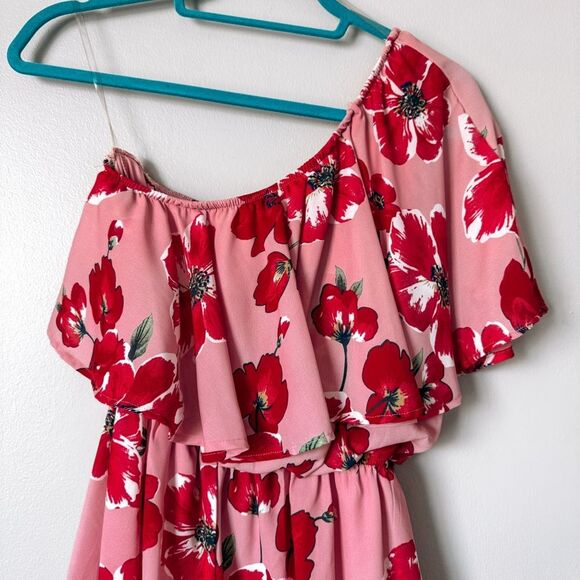 Pink Lily Pink and Red Floral One Sleeve Romper Size Large - Picture 2 of 7